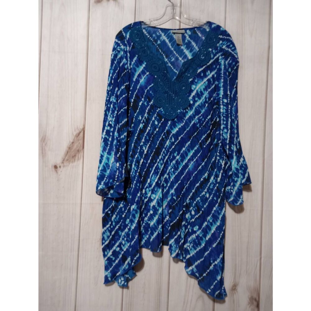 Catherines Blue Tie Dye Crochet Lace V-Neck Pleated Tunic Top 3X 26/28W Boho‎